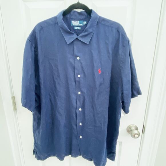 Vintage Polo Ralph Lauren Shirt Mens XXL Navy Blue Caldwell Linen Loop Collar - Picture 1 of 7